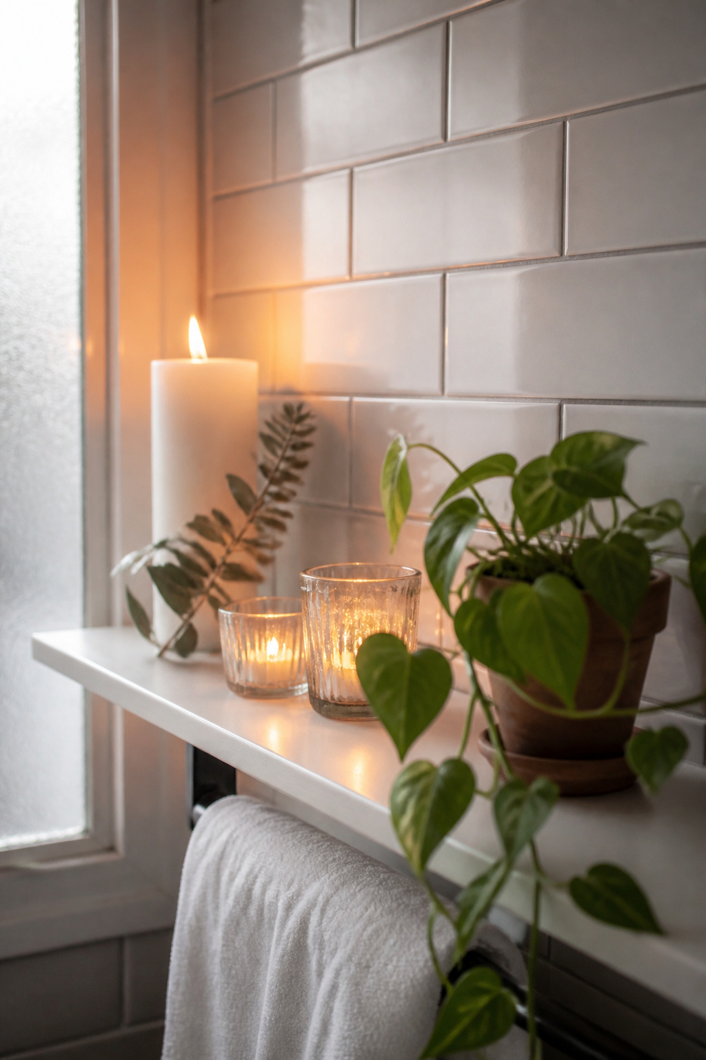 A layered arrangement of pillar candle, votives, and trailing pothos creates a spa-like atmosphere on a simple bathroom shelf.
