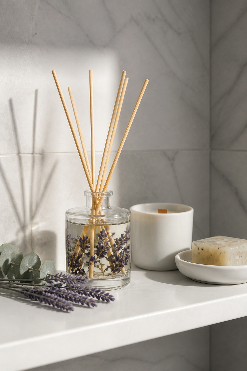 A floral reed diffuser, soy candle, and artisan soap work together as both visual and aromatic decor on a bathroom shelf.