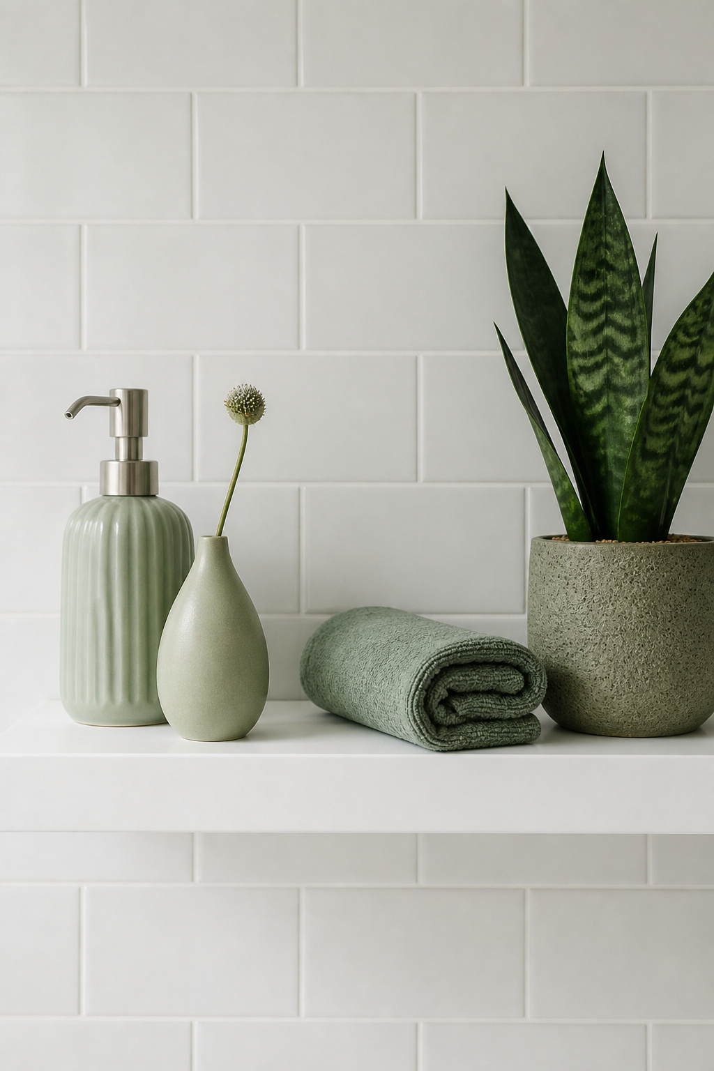 A monochromatic sage palette — soap dispenser, bud vase, hand towel, and plant — shows how colour coordination transforms a bathroom shelf into a considered display.