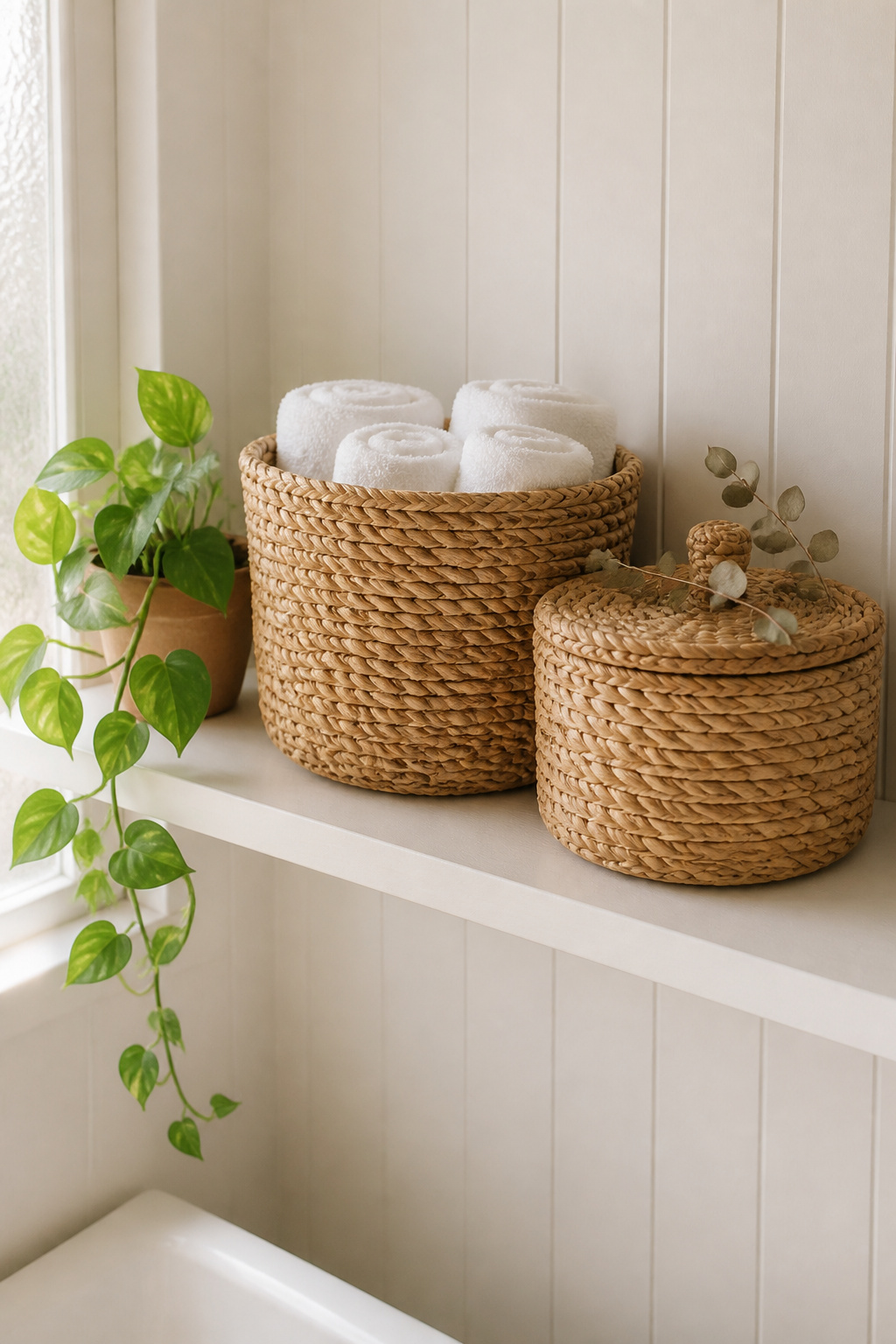 Natural seagrass and rattan baskets bring texture and warmth to a bathroom shelf, doing double duty as storage and decor.