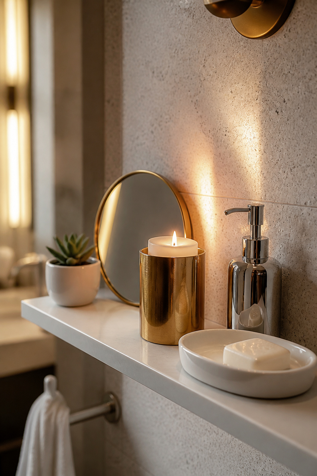 A small leaning brass mirror and metallic accents multiply the vanity light, making even a compact bathroom shelf feel luminous.