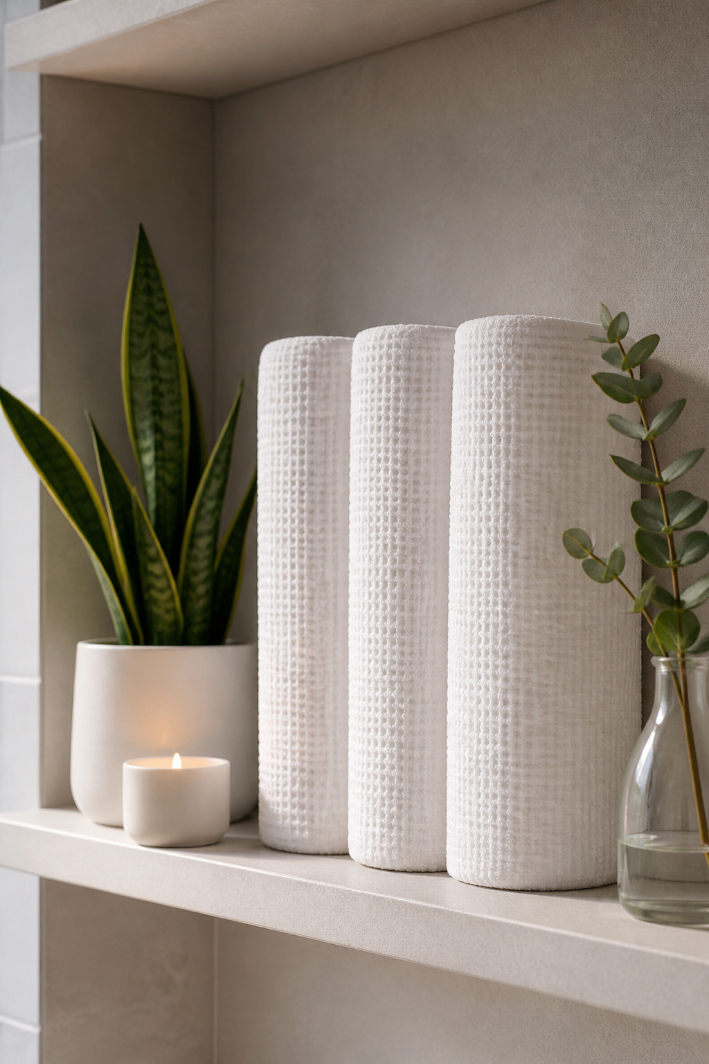 Rolled waffle-weave towels displayed alongside a Sansevieria and eucalyptus stem create an effortless hotel-spa aesthetic on any open shelf.