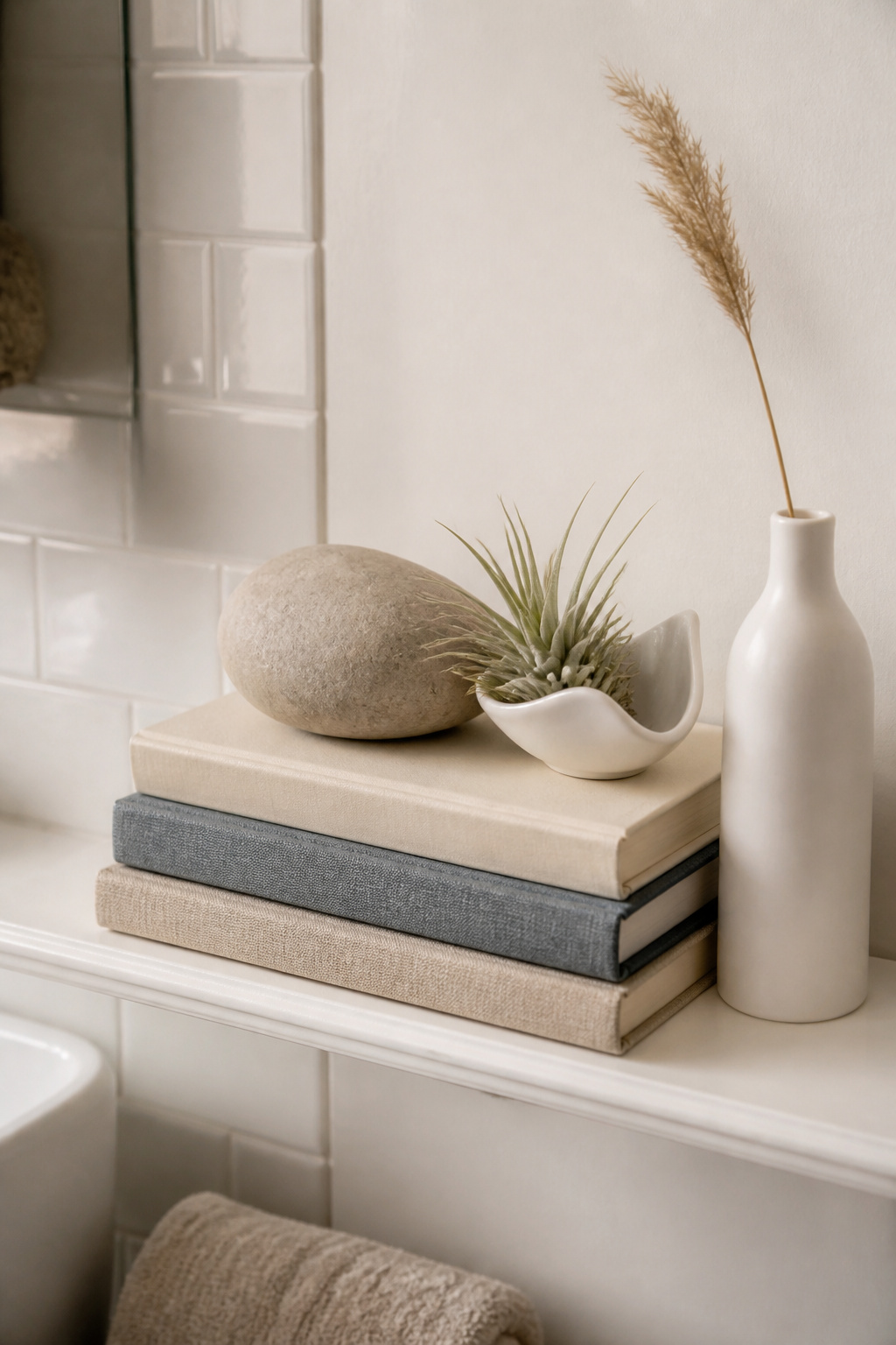 Three stacked hardcovers topped with a river stone and air plant create a sculptural, height-varied bathroom shelf arrangement with genuine personality.
