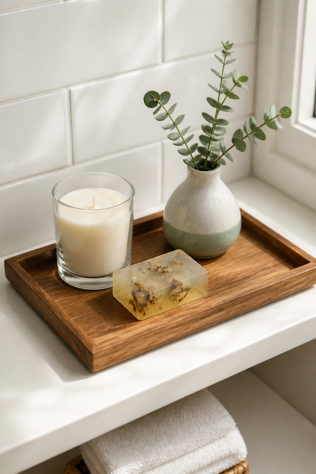 A teak tray containing a candle, eucalyptus stems, and artisan soap creates a styled vignette from three functional objects and 25% intentional empty space.