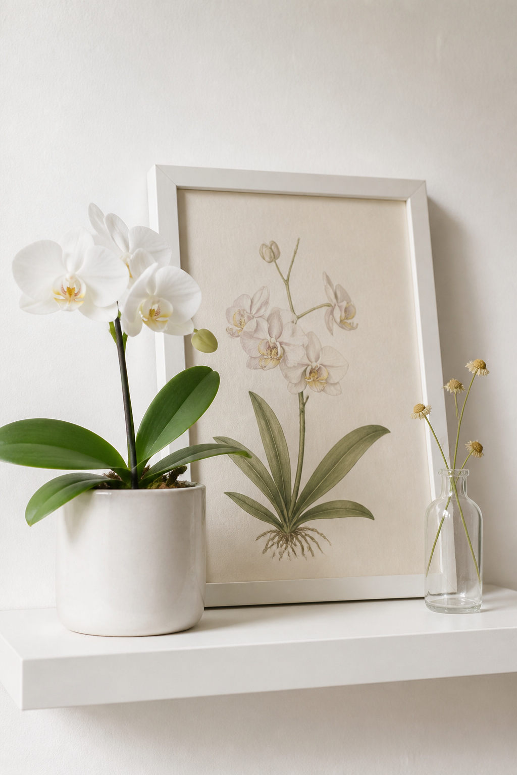 A small botanical print leaned behind an orchid and dried stem creates a layered gallery effect that elevates the entire bathroom shelf arrangement.