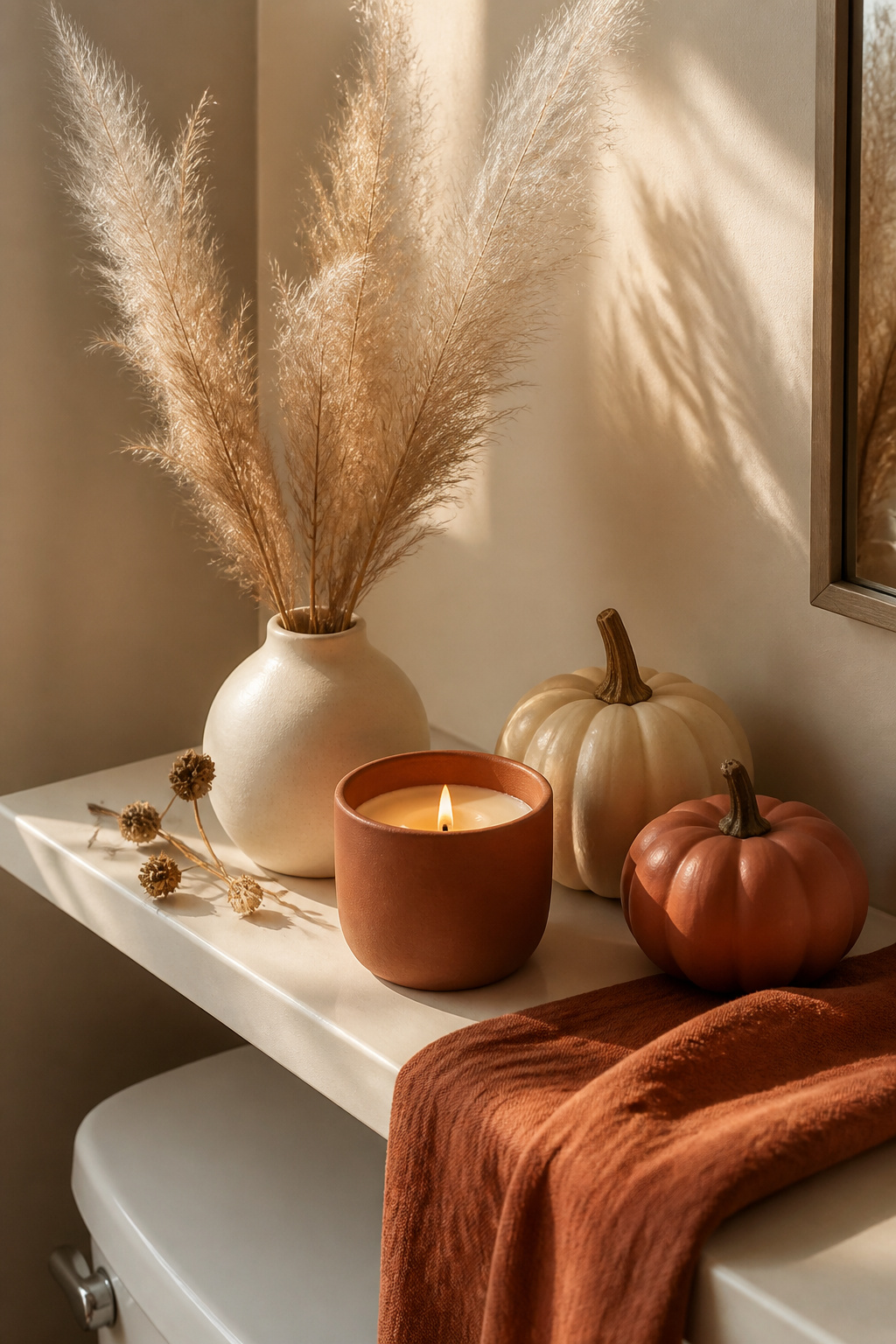 Dried pampas grass, a terracotta candle, and small pumpkins deliver an immediate seasonal shift that takes minutes to arrange.