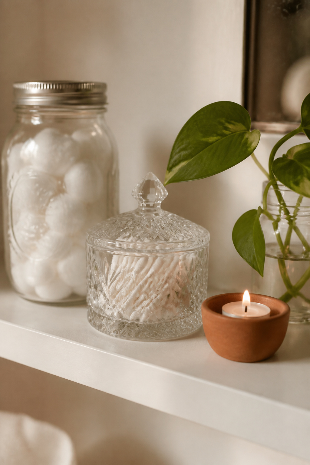 A Ball mason jar, a thrift-store crystal dish, and a pothos cutting in a water glass prove that bathroom shelf decor on a budget can look genuinely considered.