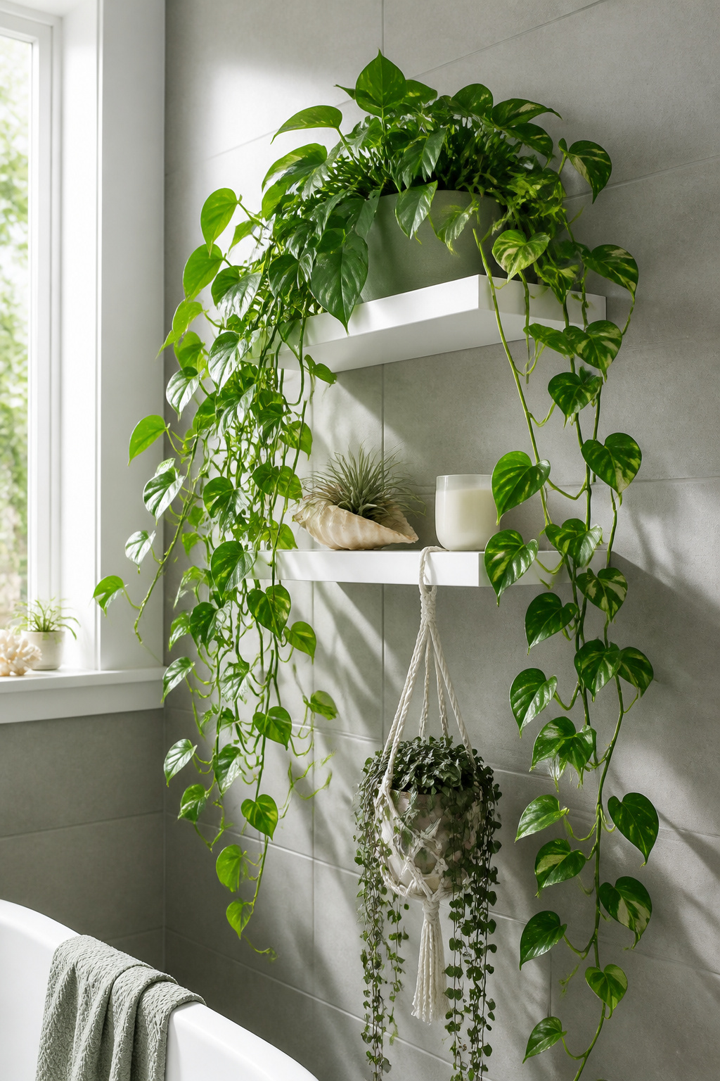 A trailing pothos cascading from the upper shelf and an air plant in a shell on the lower shelf create a layered living display that transforms the bathroom.