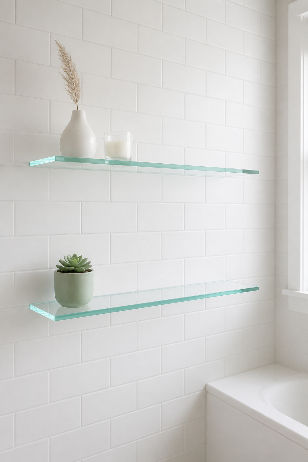 Two floating glass shelves with concealed brackets hold only a bud vase and a small succulent — the generous negative space is the design.