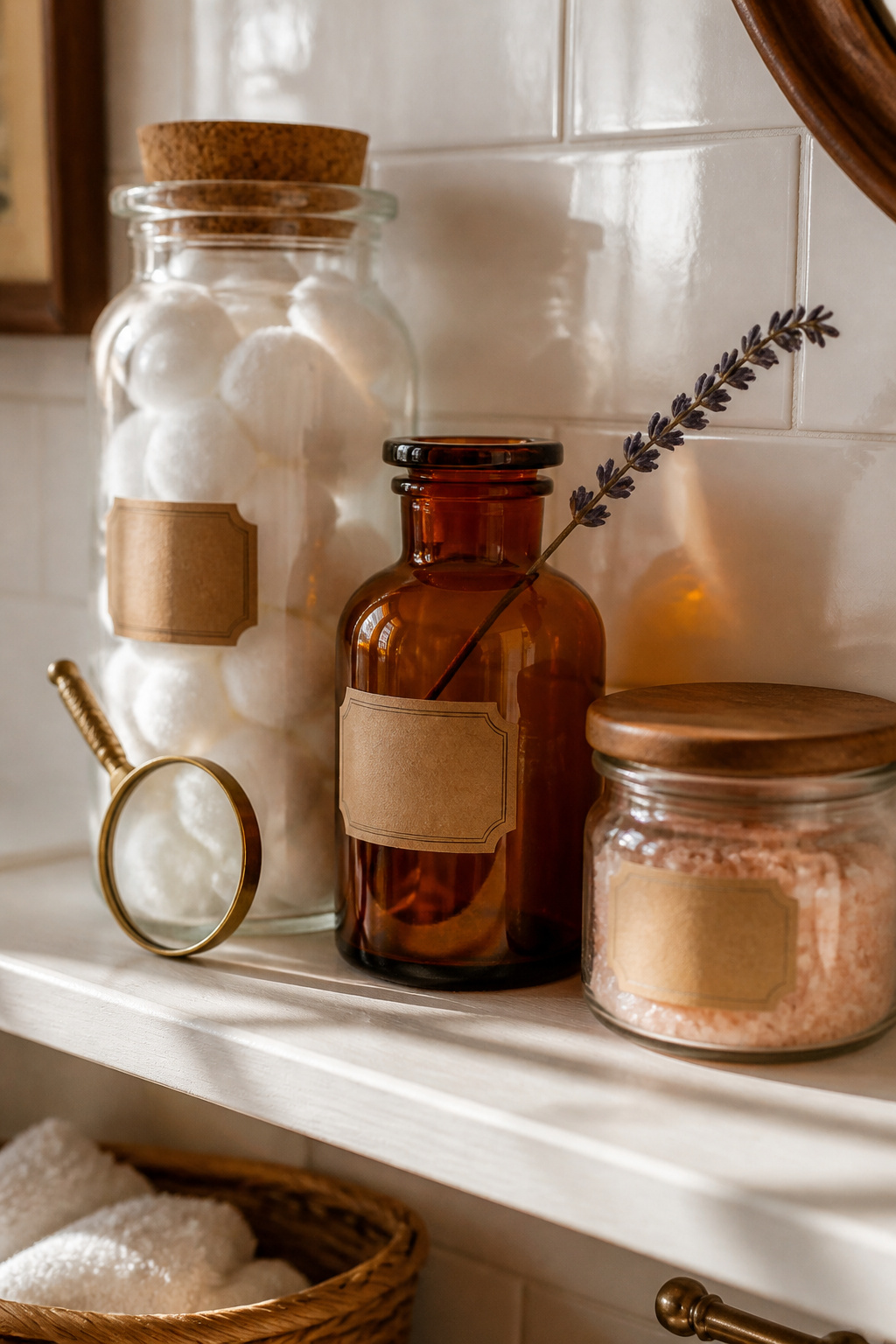 A trio of apothecary jars at varied heights — filled with cotton balls, bath salts, and left decorative — transforms a bathroom shelf into an artisan display.