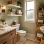 A bright, well-organised small bathroom featuring floating shelves, clear countertop organisers, a ladder shelf, and woven baskets — showing how layered small bathroom organization systems transform a compact space.