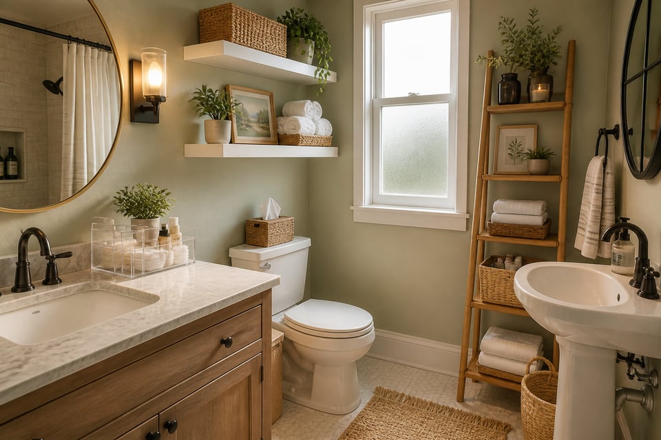 A bright, well-organised small bathroom featuring floating shelves, clear countertop organisers, a ladder shelf, and woven baskets — showing how layered small bathroom organization systems transform a compact space.