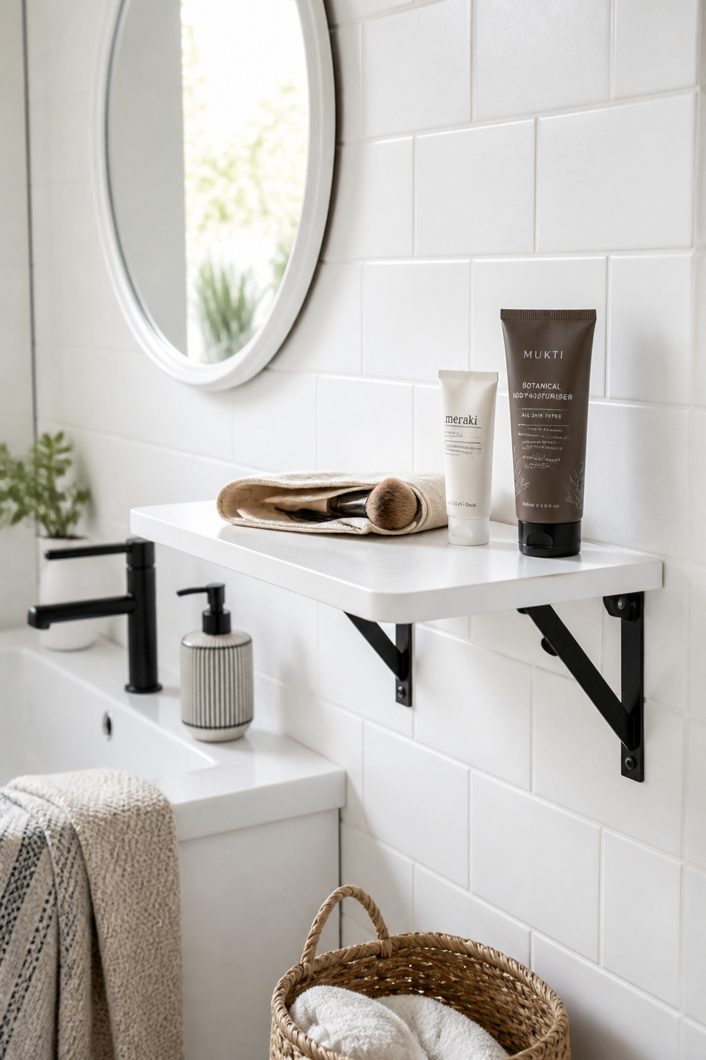 A narrow fold-down wall shelf in the open position beside a bathroom mirror, with a hand cream and skincare items arranged on its surface — extra counter space on demand in a bathroom with almost none.
