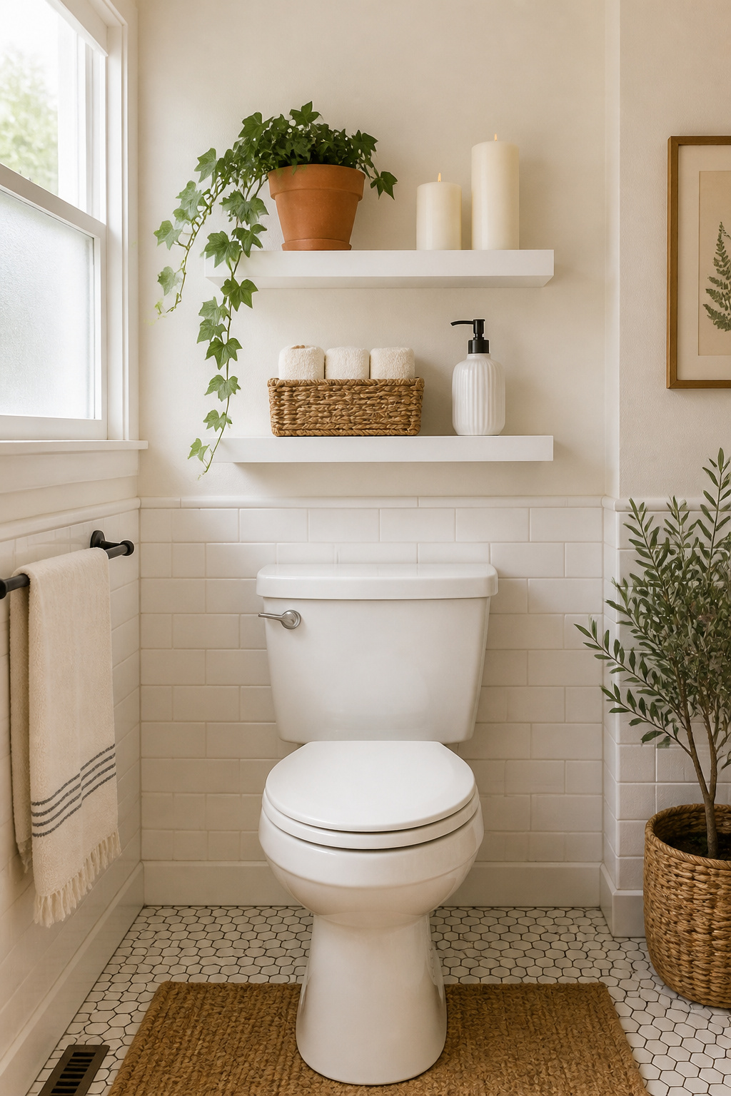Two white floating shelves above the toilet styled with seagrass baskets, rolled towels, and a trailing plant — one of the easiest small bathroom organization upgrades in a rental or owned home.