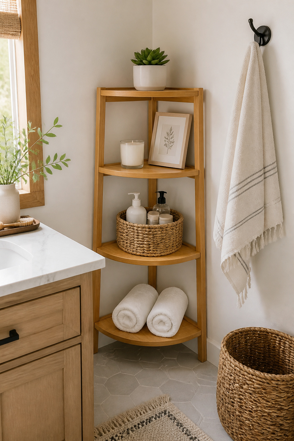 A 4-tier bamboo corner shelf in a bathroom corner styled with a succulent, candles, a woven basket of toiletries, and rolled towels — turning dead corner space into organised display.