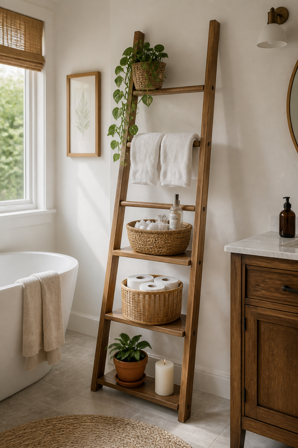 A teak leaning ladder shelf styled with a trailing plant on top, rolled bath towels on the second rung, woven baskets of products below, and a potted plant at the base — functional and characterful small bathroom organisation.