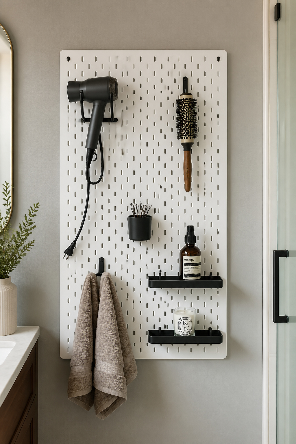 A white pegboard panel on a bathroom wall with black hooks, cup accessories, and peg shelves holding a hair dryer, styling brush, hand towels, and small product bottles — fully customisable bathroom storage.