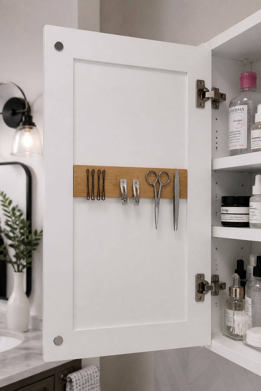 A bamboo magnetic strip mounted inside a medicine cabinet door holding bobby pins, small scissors, and tweezers in categorised zones — one of the most effective small bathroom organisation tricks.