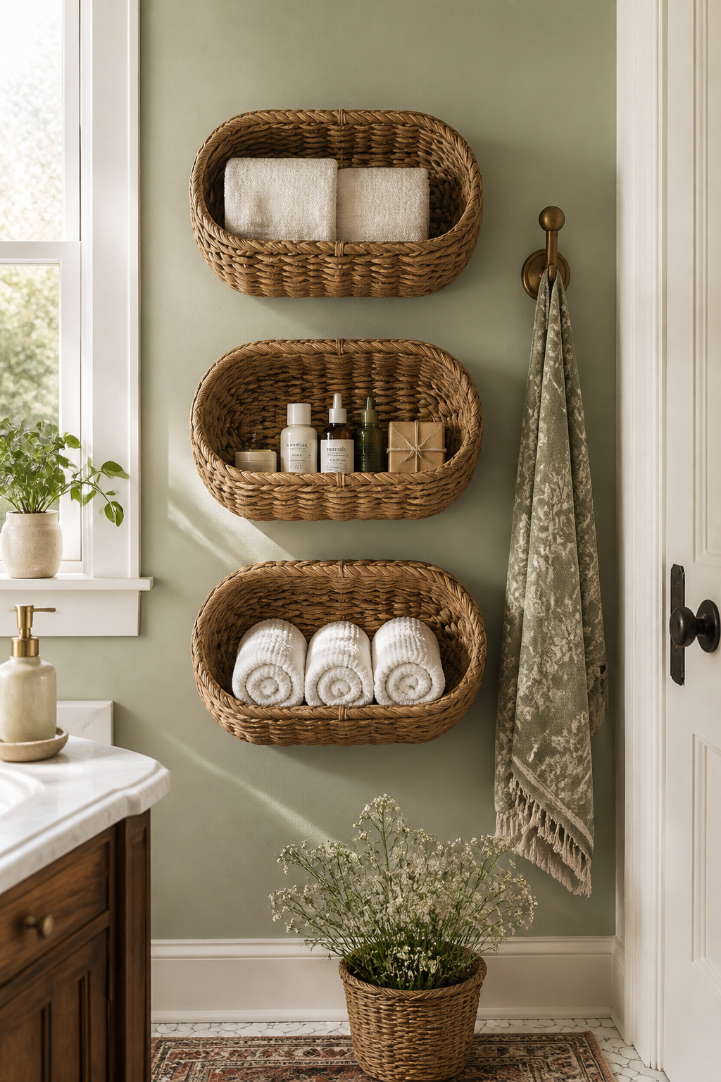 Three oval seagrass wall baskets mounted vertically on a sage-green bathroom wall — styled with folded hand towels, small skincare products, and rolled washcloths for open bathroom storage.
