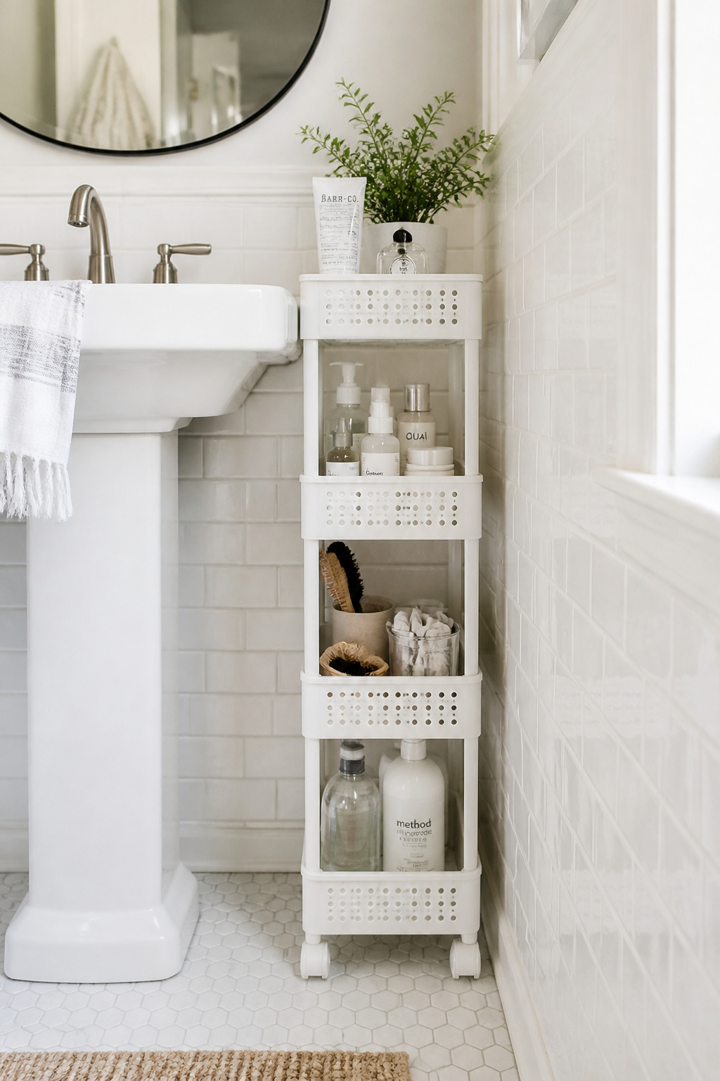 A slim 4-tier white rolling cart slotted into the narrow gap beside a bathroom pedestal sink, with a small plant on top and organised products on each tier.