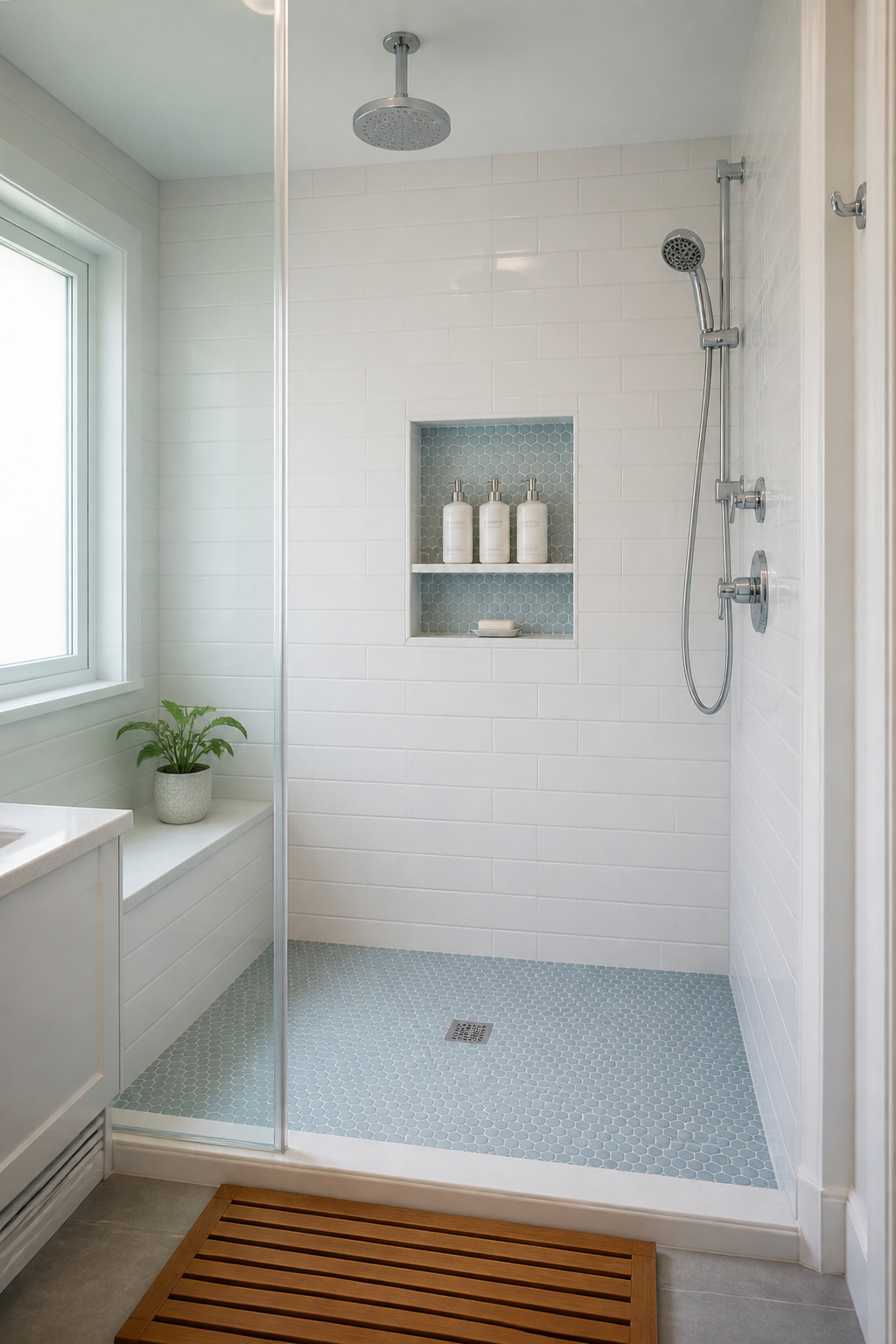 A tiled shower with a 12x20-inch built-in niche lined in pale blue penny tile holding three upright product bottles — showing how a shower niche eliminates caddy clutter permanently.