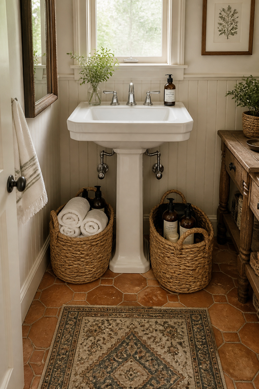 Two seagrass baskets placed symmetrically under a pedestal sink — one holding rolled towels, one holding soaps and a candle — turning exposed under-sink plumbing into a styled, warm storage display.