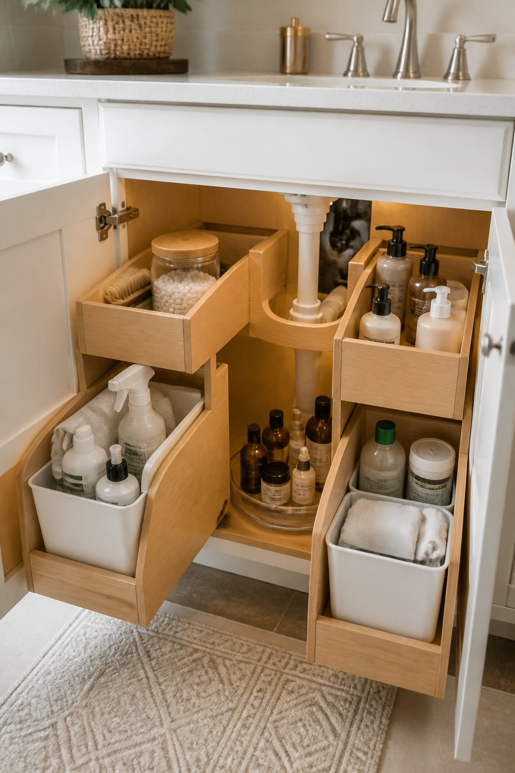 An open bathroom vanity cabinet showing a U-shaped pull-out organiser working around the drain pipe, with organised bins and a turntable in the corner — the fix for the under-sink black hole.