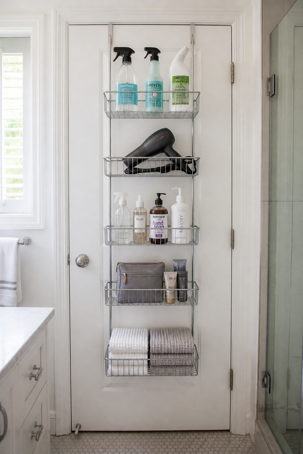 A 5-tier metal wire over-door rack holding cleaning products, a hair dryer, and toiletries — a zero-damage, renter-friendly bathroom storage solution that uses the back of the door.