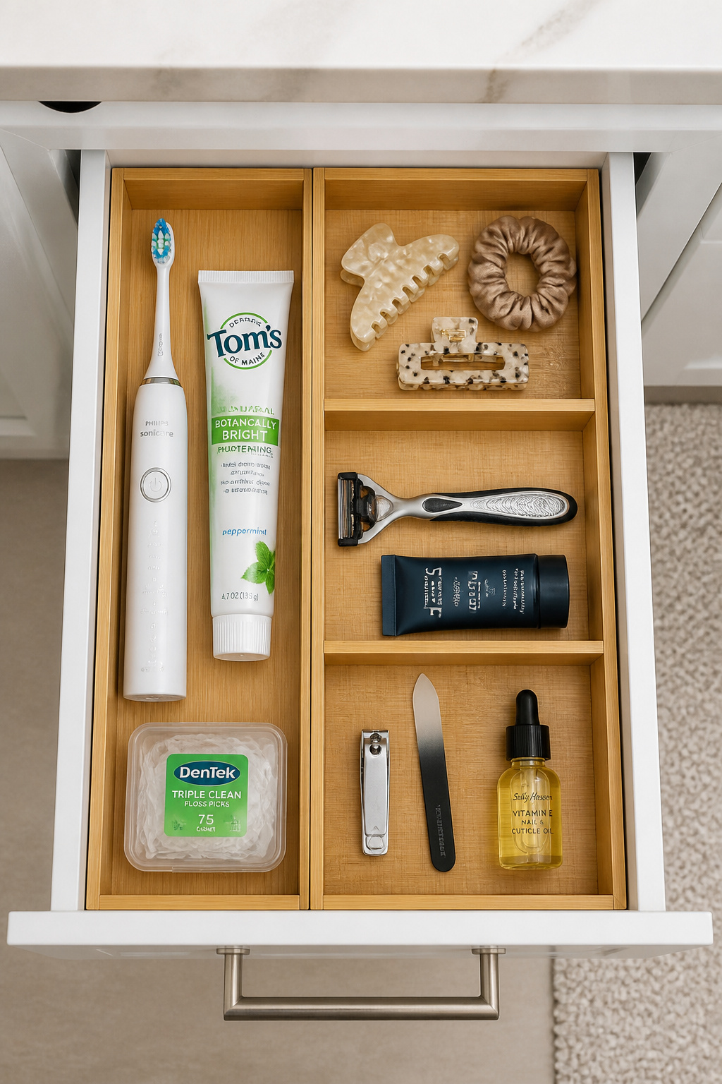 An open bathroom vanity drawer organised with expandable bamboo dividers creating four compartments for daily grooming, hair accessories, shaving, and nail care — the fix for the sliding-chaos drawer problem.