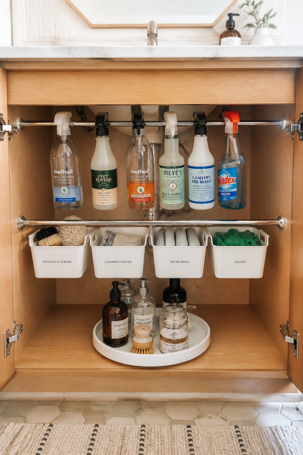 Two tension rods inside a bathroom vanity cabinet create double-tier storage — spray bottles hang from the upper rod, bins rest on the lower rod, and the entire cabinet floor opens up.
