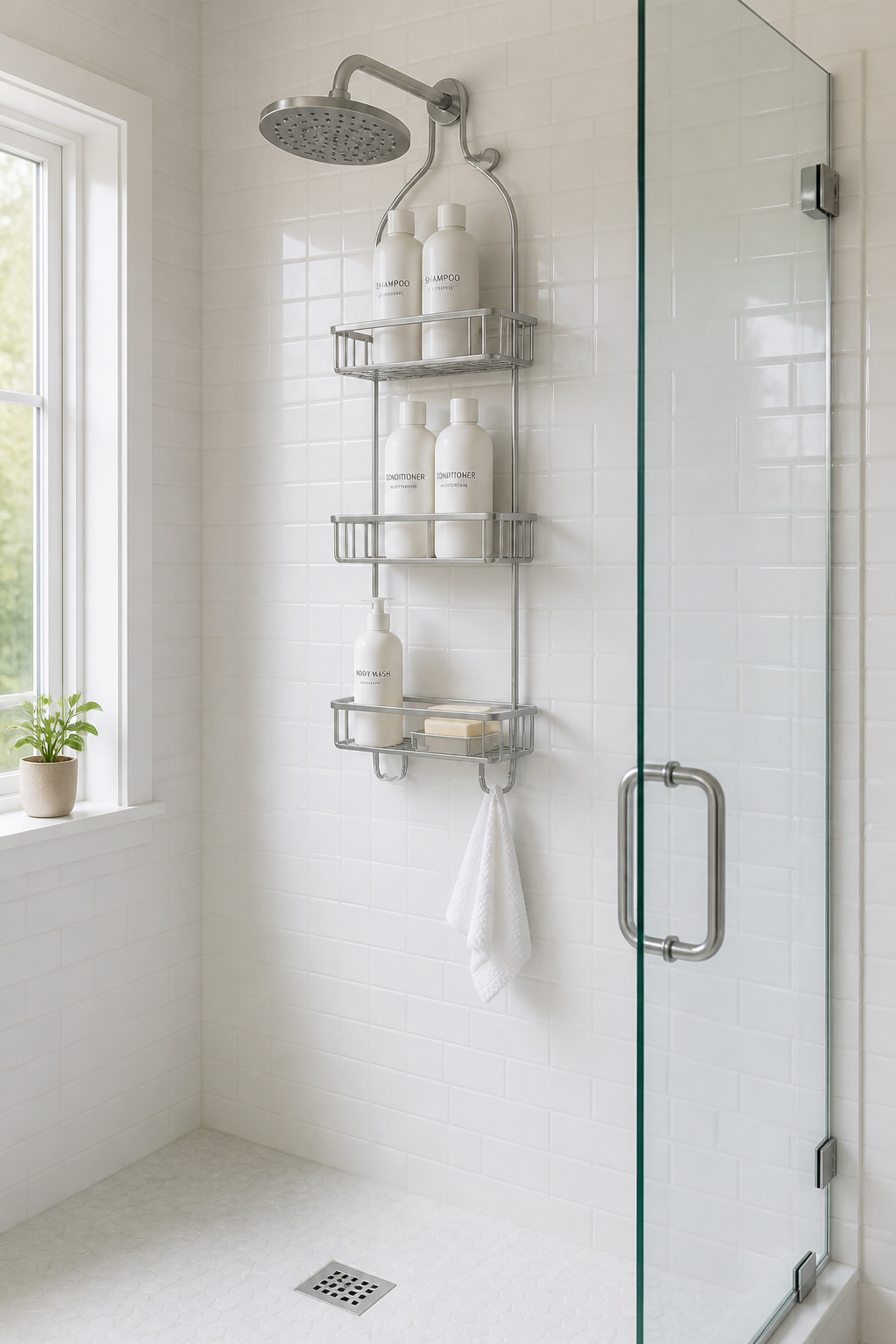 A 3-tier anodised aluminium shower caddy on the shower arm holding shampoo, conditioner, and body wash with drainage slots in every shelf — showing how the right caddy eliminates shower floor clutter.