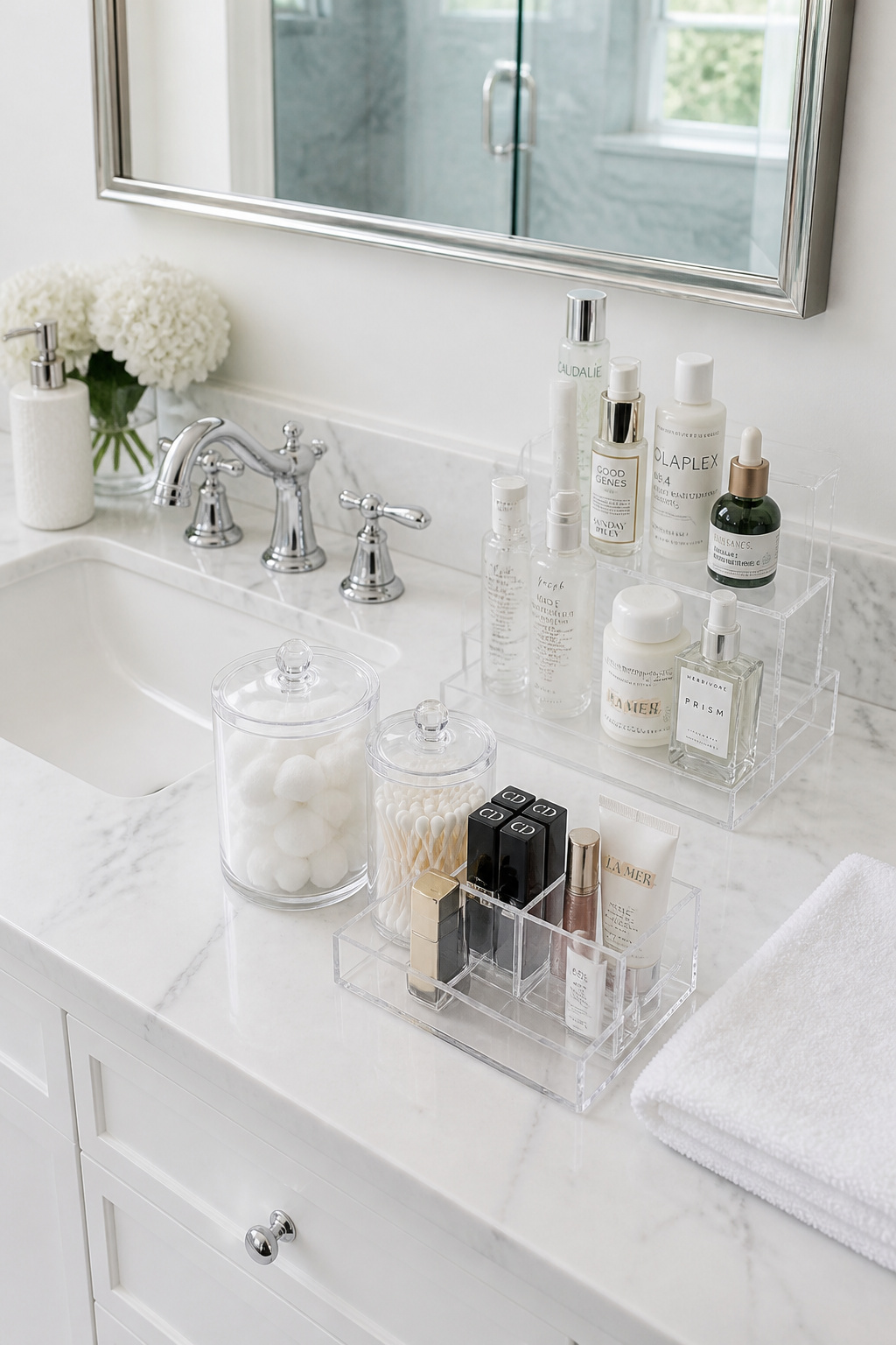 A matching set of clear acrylic containers on a white marble countertop — Q-tip canisters, a cotton round holder, a makeup tray, and a skincare organiser tower — for an instantly organised bathroom vanity.
