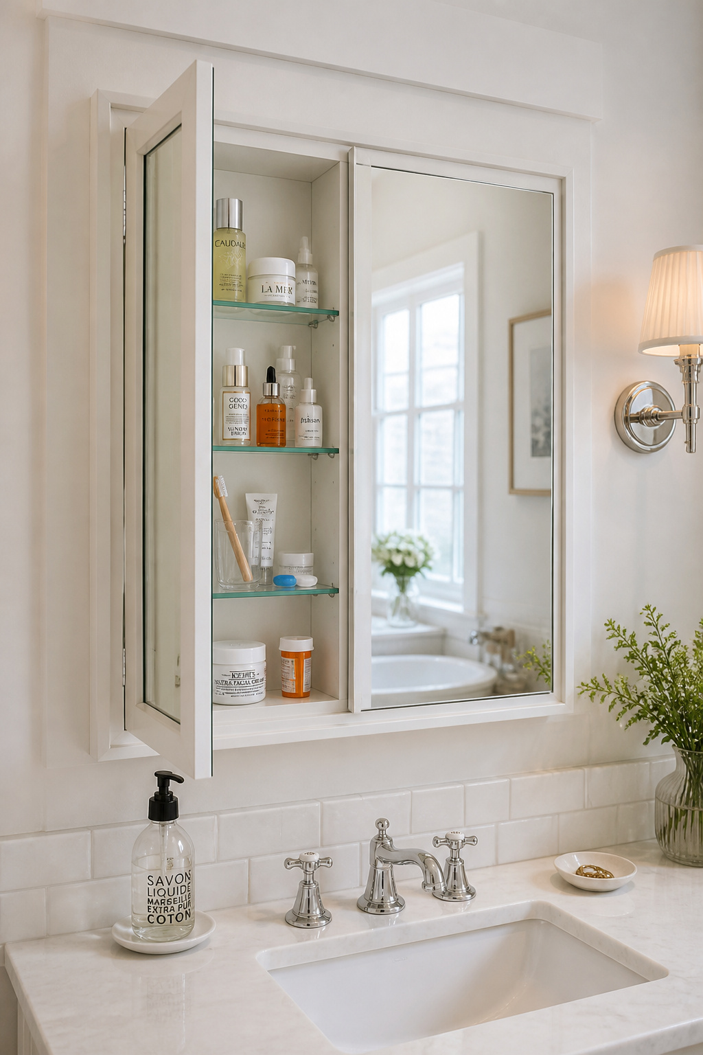 A recessed mirrored medicine cabinet partially open above a bathroom sink, revealing organised shelves with skincare, contacts, and daily grooming items — storage hidden behind the mirror.