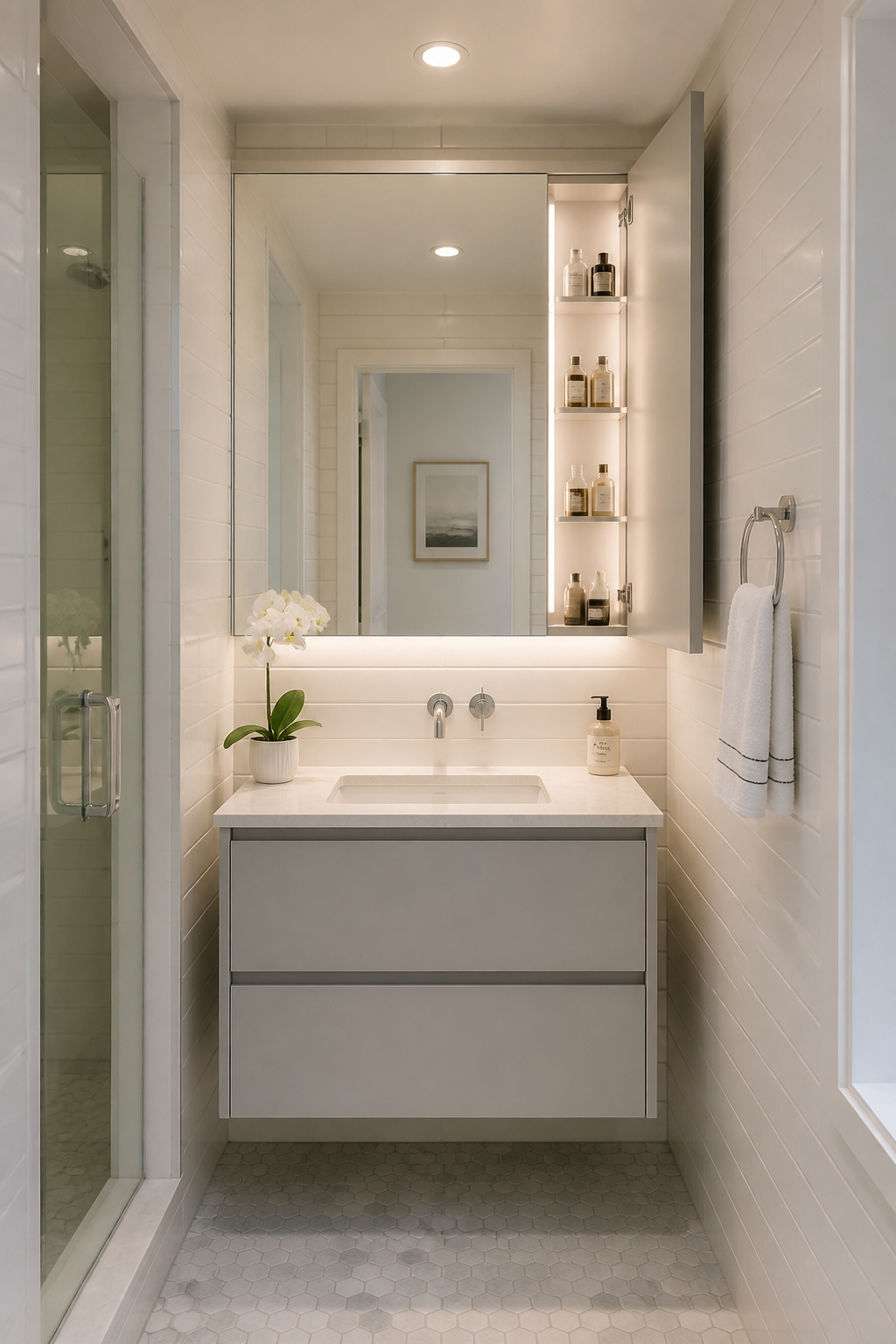 A 24-inch floating vanity paired with a recessed medicine cabinet maximizes both storage and visual space in a bathroom under 50 square feet.