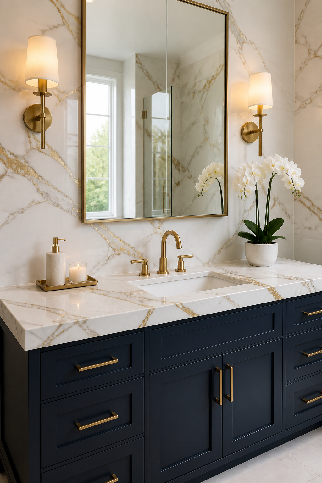 Calacatta marble paired with navy cabinets and brushed gold hardware is the most consistently successful luxury bathroom combination.