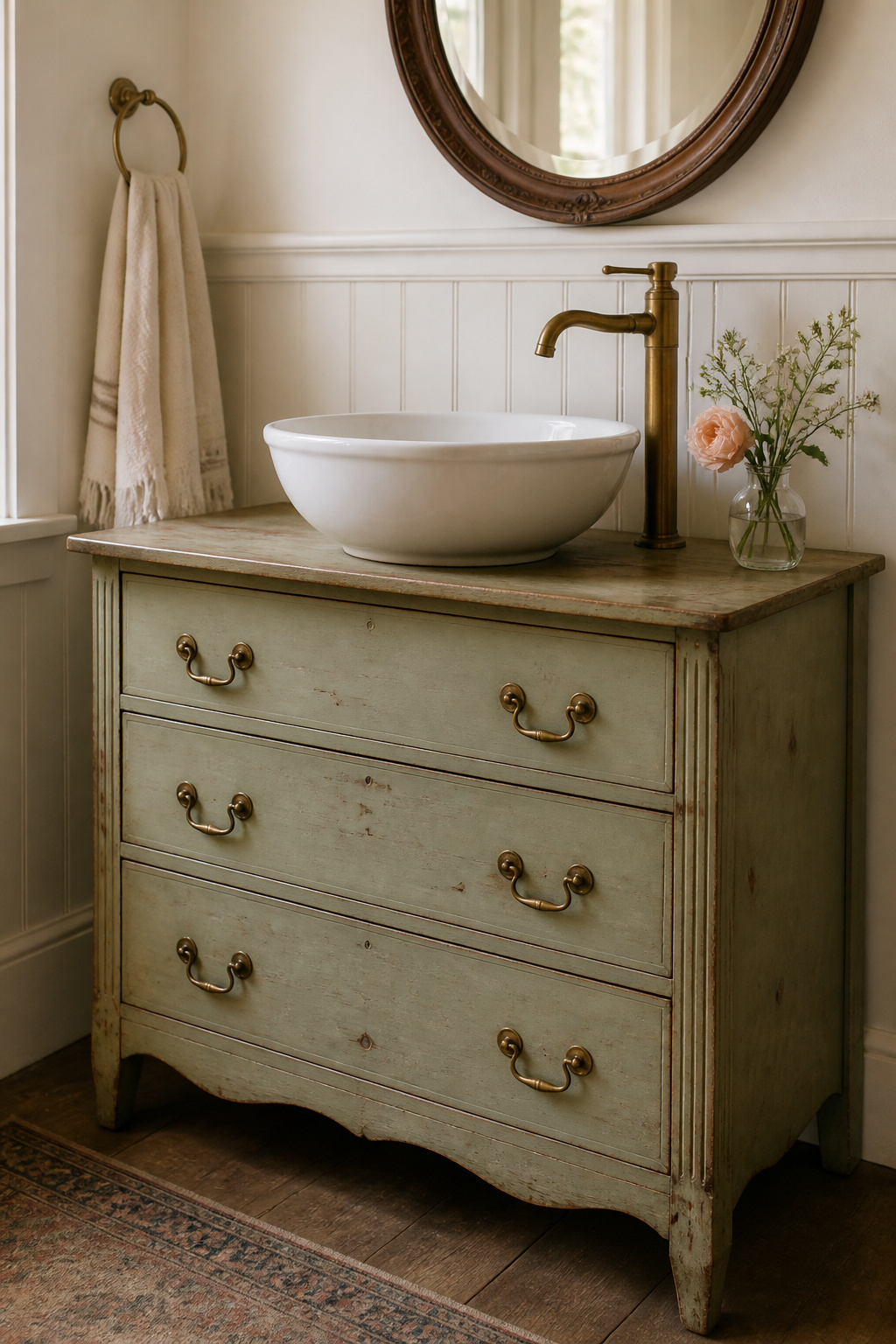 An antique dresser in sage green brings decades of character and a one-of-a-kind quality to any bathroom.