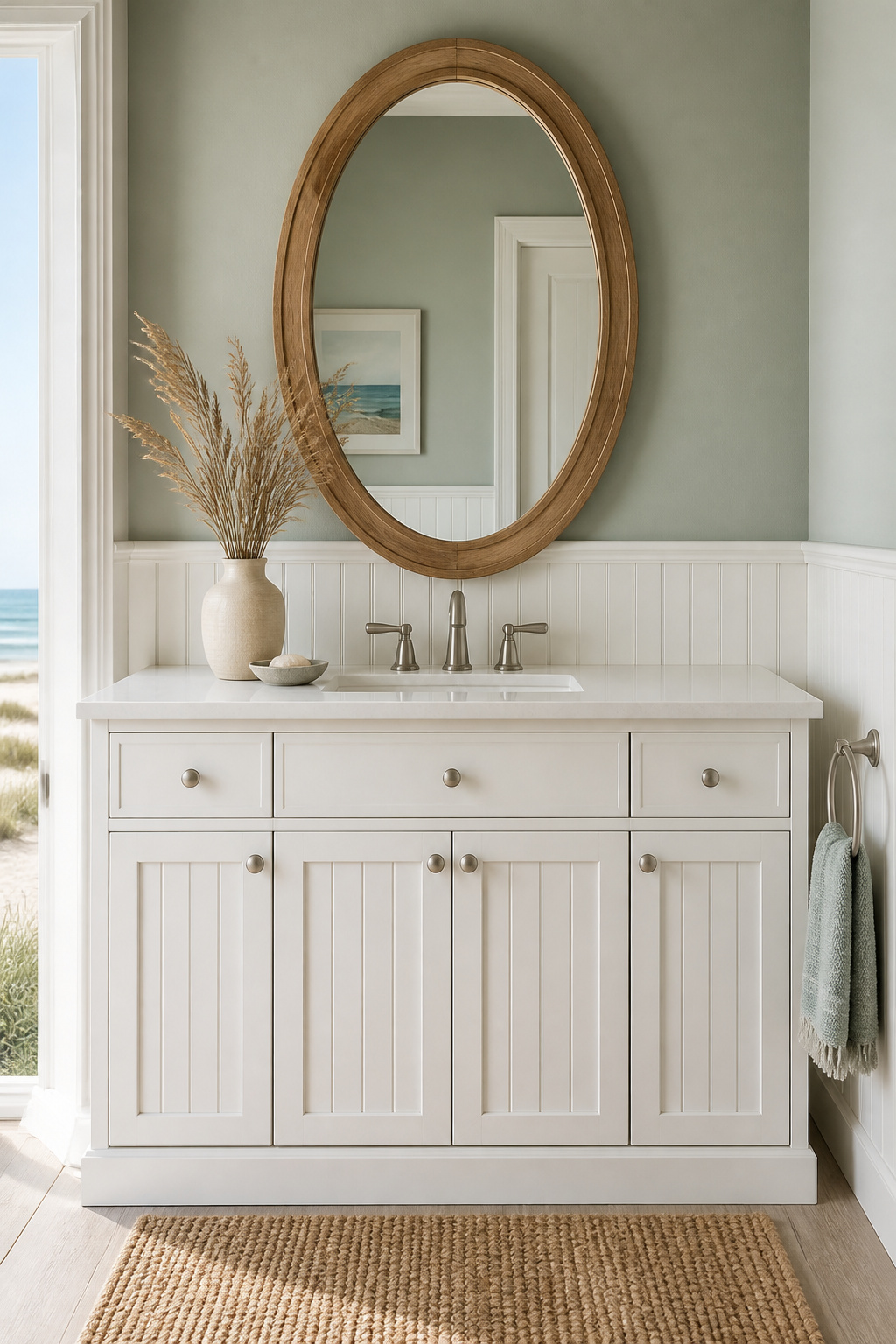 White PVC beadboard panels and a teak-framed oval mirror capture the relaxed coastal aesthetic without requiring a beach house.
