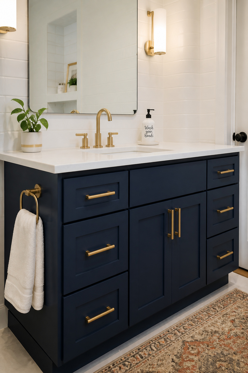 Hale Navy paint and brass bar pulls transform builder-grade bathroom cabinets for under $200 in materials.