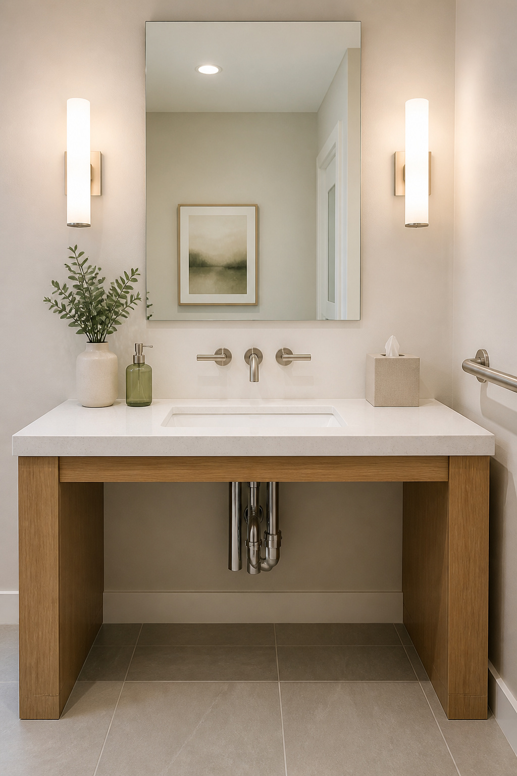 The roll-under vanity meets ADA clearance requirements while remaining a genuinely attractive bathroom design choice.