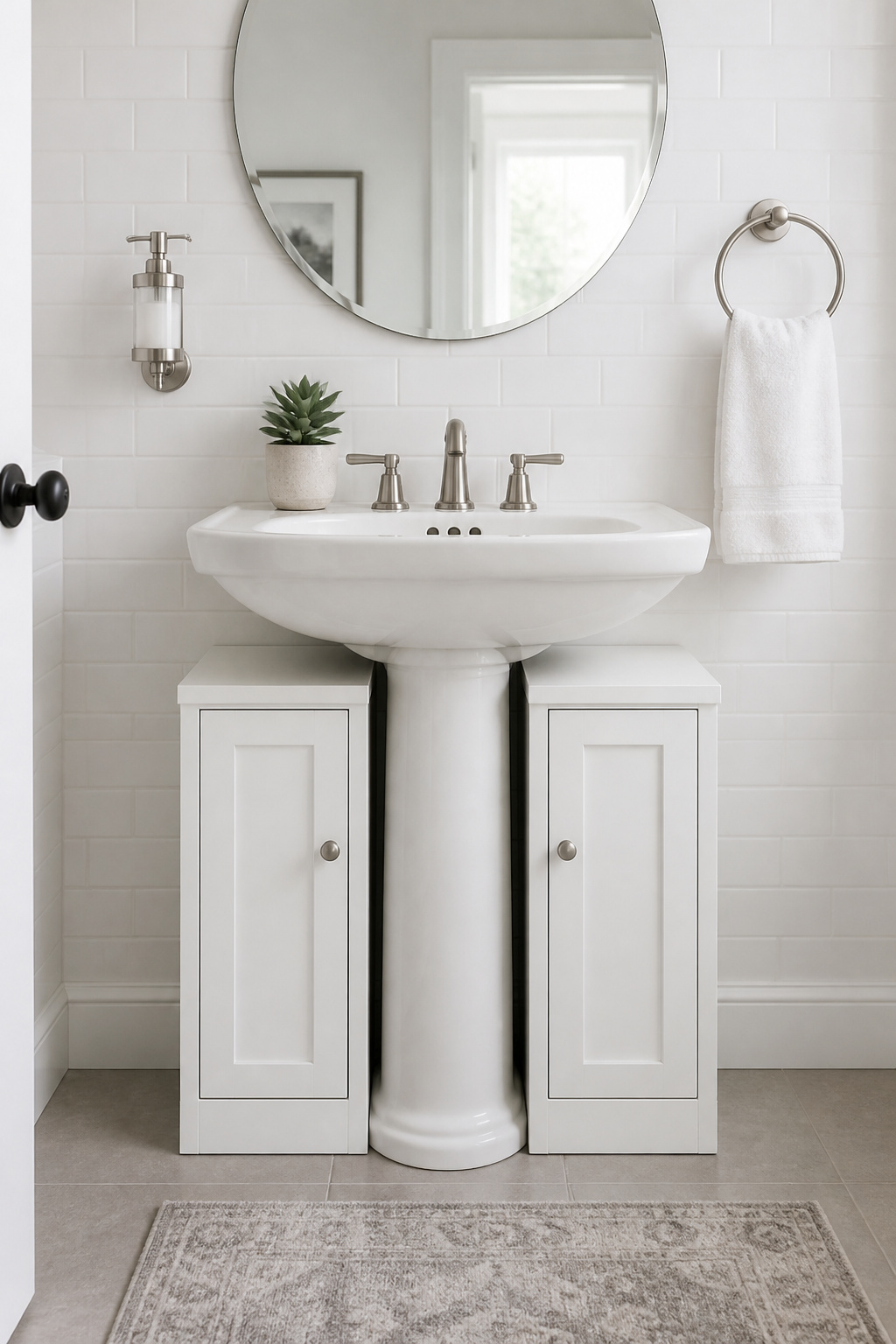 A U-shaped cabinet designed to slot around the pedestal base solves the storage problem without sacrificing the airy appeal of the pedestal design.