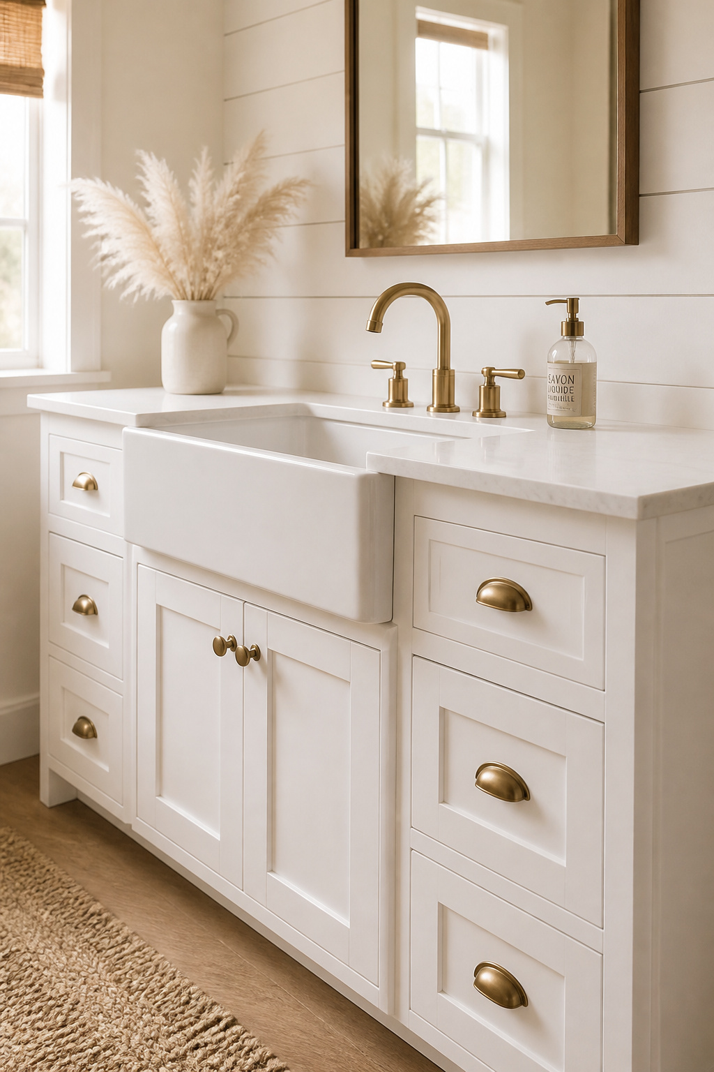 The white Shaker cabinet and apron-front sink combination stays timeless when updated with warm champagne bronze hardware.
