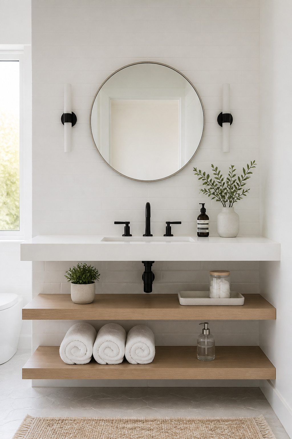 Open shelves work in minimalist bathrooms when each shelf is limited to three to five carefully chosen items.