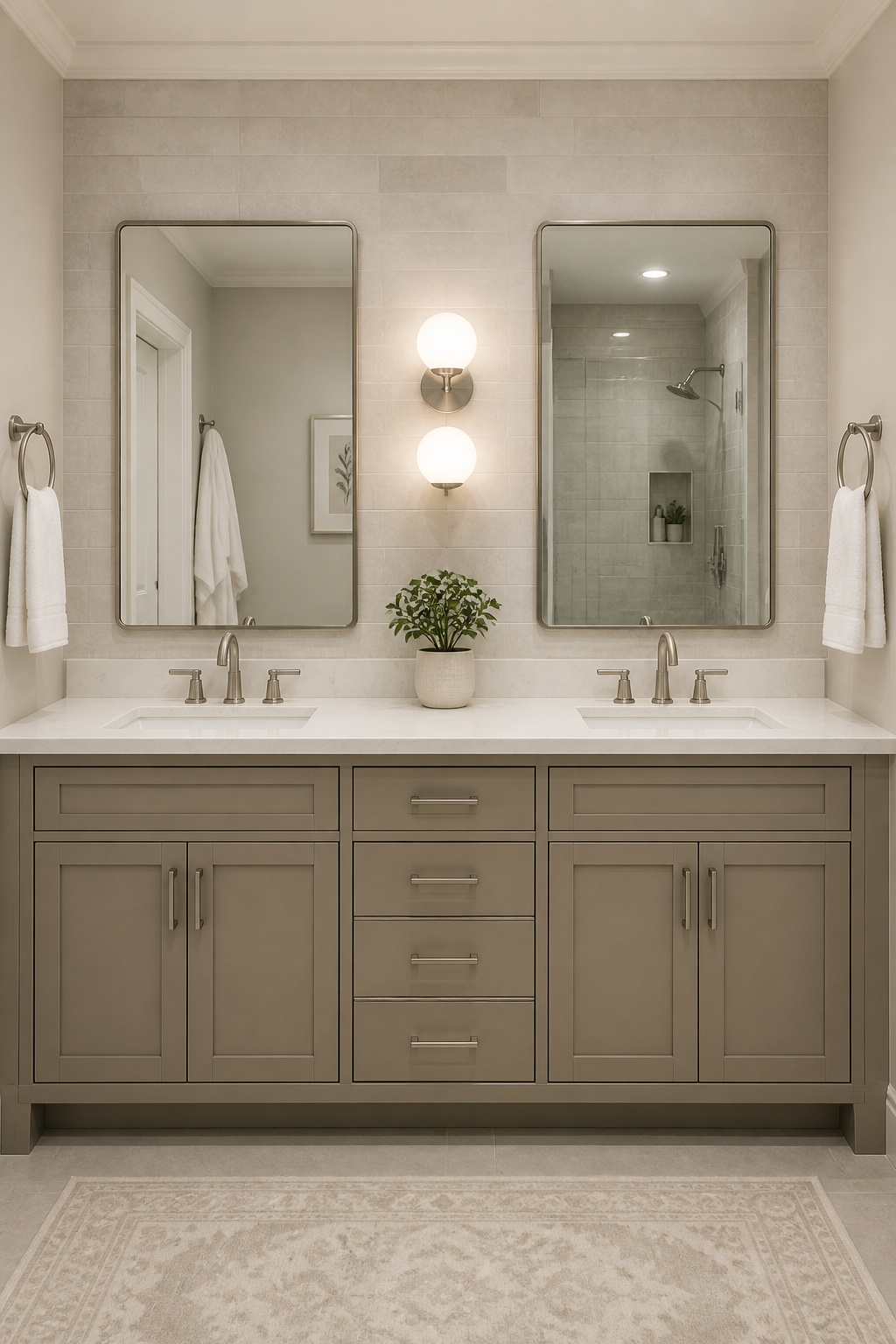 A 72-inch double-sink vanity with a central storage stack gives each user their own zone while sharing the countertop span.