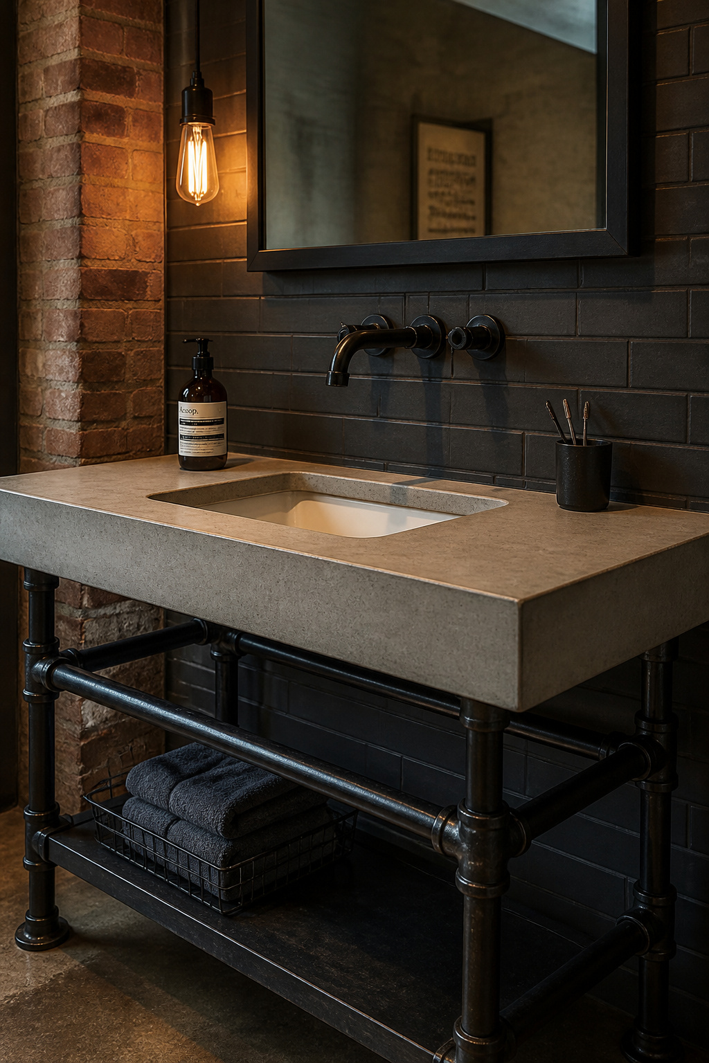 The combination of concrete and black iron pipe creates a bathroom vanity that actually improves with wear over time.