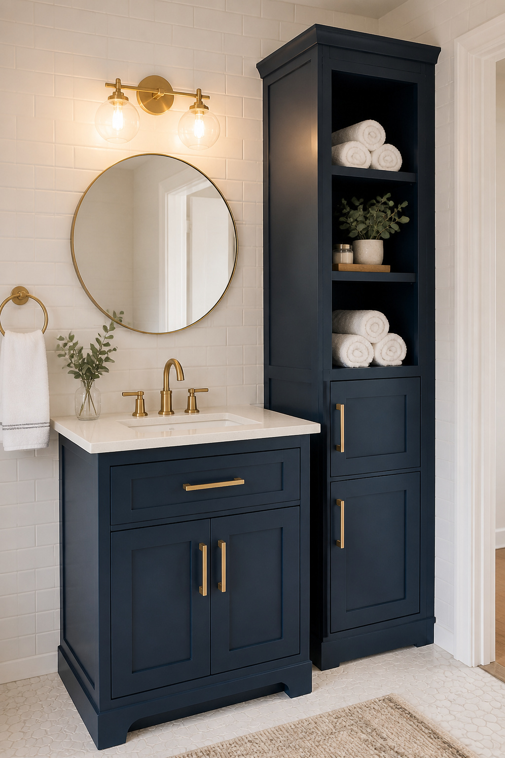 A side storage tower turns a modest 24-inch vanity into a storage-rich setup without expanding the bathroom footprint.