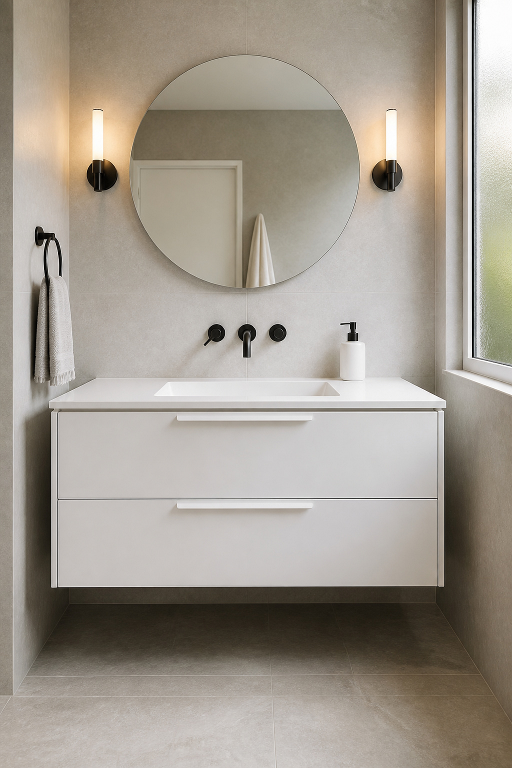 A wall-mounted floating vanity clears the floor to create visual space — one of the most effective tricks available in a small bathroom.
