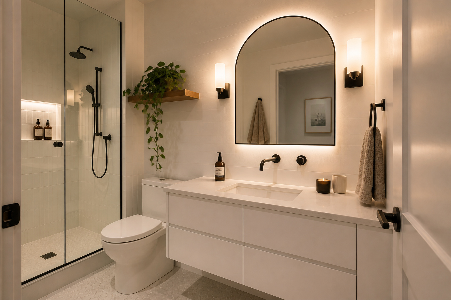 A thoughtfully designed apartment bathroom shows how floating fixtures, layered lighting, and a well-chosen mirror can make a small space feel genuinely considered.