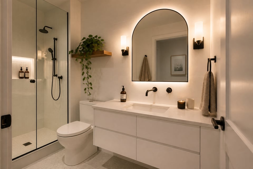 A thoughtfully designed apartment bathroom shows how floating fixtures, layered lighting, and a well-chosen mirror can make a small space feel genuinely considered.