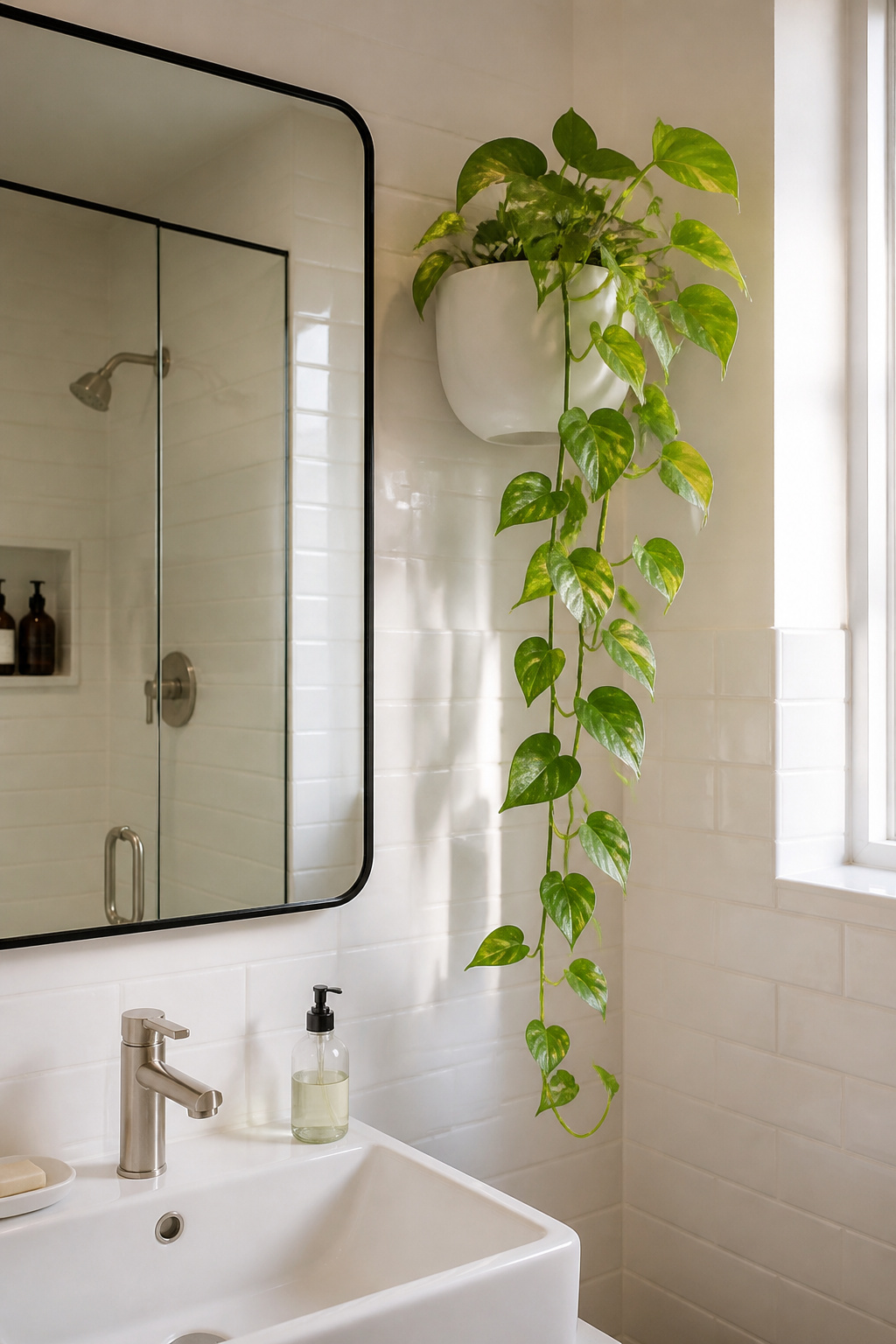 A trailing pothos above the mirror adds warmth and organic texture to an apartment bathroom that no accessory or art piece can fully replicate.