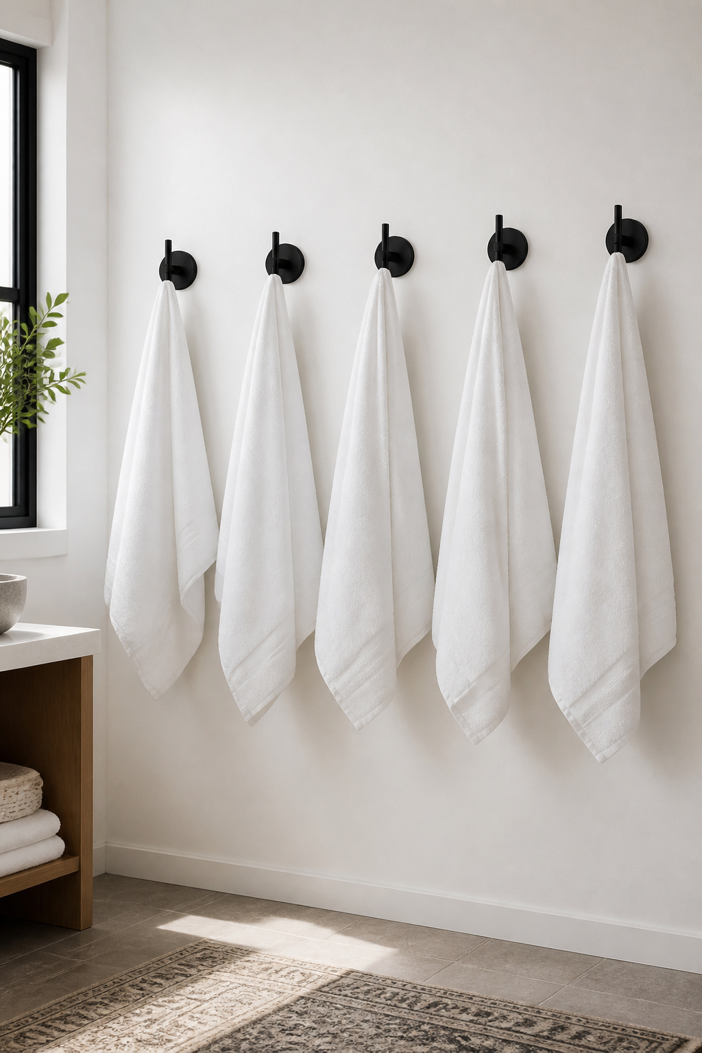 A gallery row of hooks gives an apartment bathroom three to four times the towel capacity of a single bar in the same wall space.